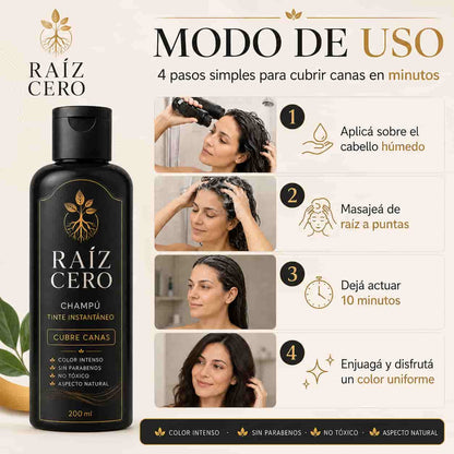 Raíz Cero® – Shampoo de tinte instantáneo. Tapá tus canas en minutos